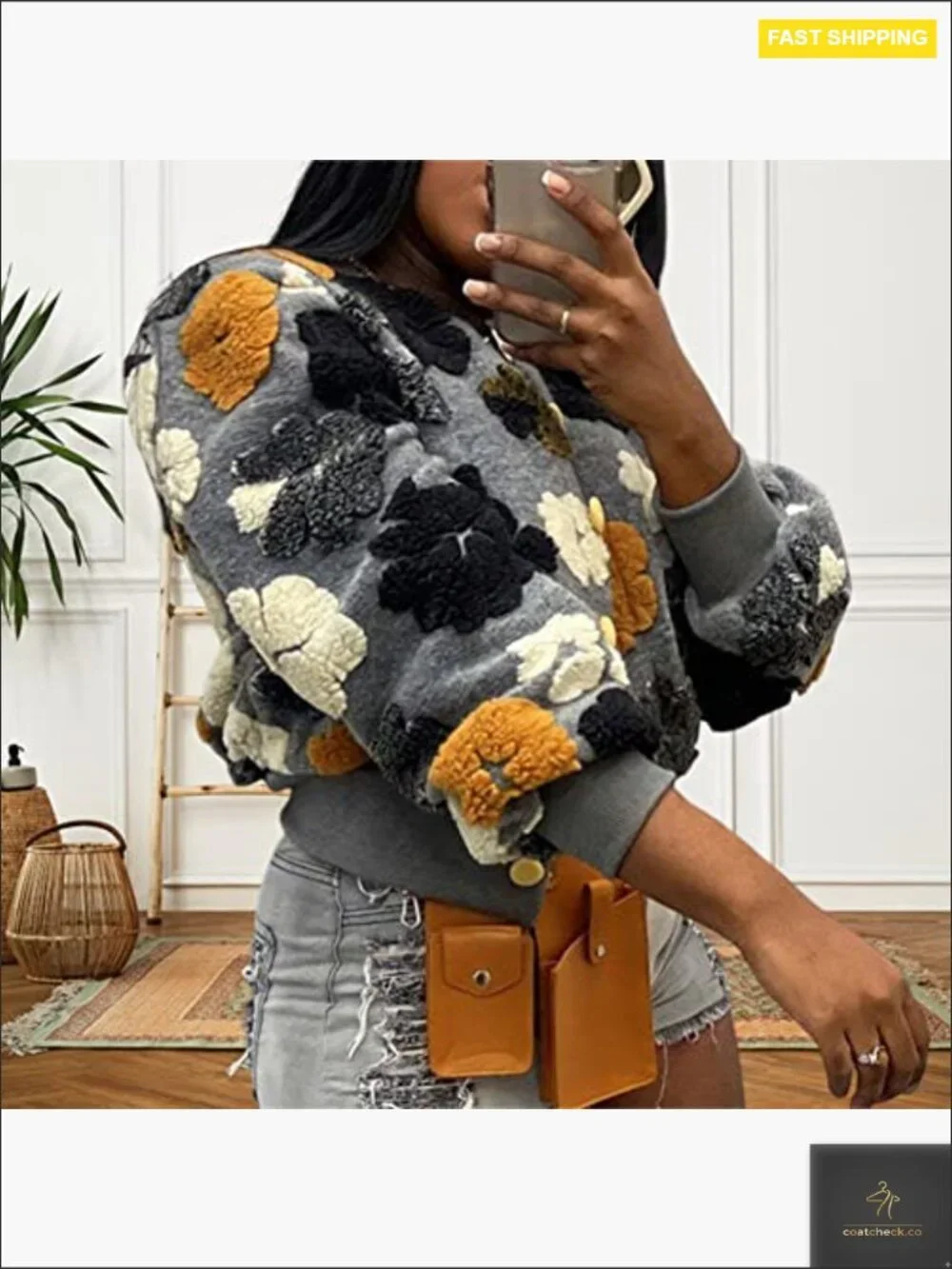 Cropped Floral Fleece Bomber Jacket Puff Sleeve Vintage Y2K Casual Outerwear - Picture 3 of 7